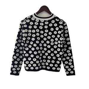 Black White Daisy Knit Sweater Retro Floral Pattern Mod Pullover S